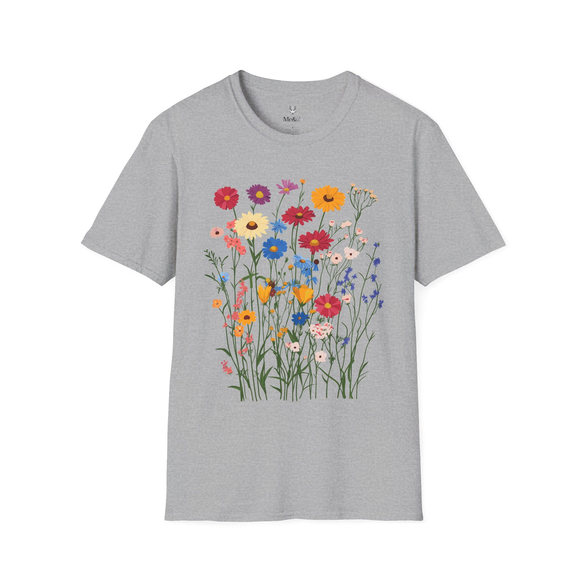 Wildflower unisex t-shirt by Me&Z with zinnias, cornflowers and yarrow