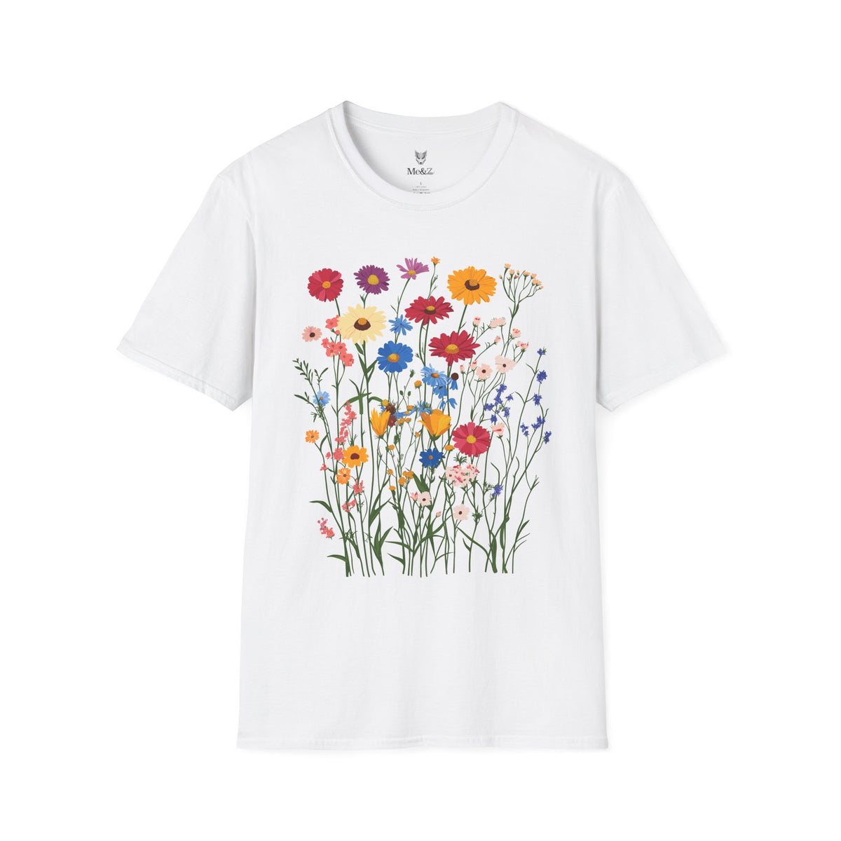 Wildflower unisex t-shirt by Me&Z with zinnias, cornflowers and yarrow