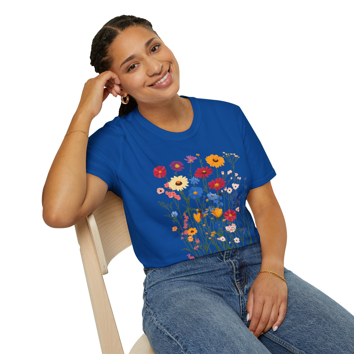 Wildflower unisex t-shirt by Me&Z with zinnias, cornflowers and yarrow