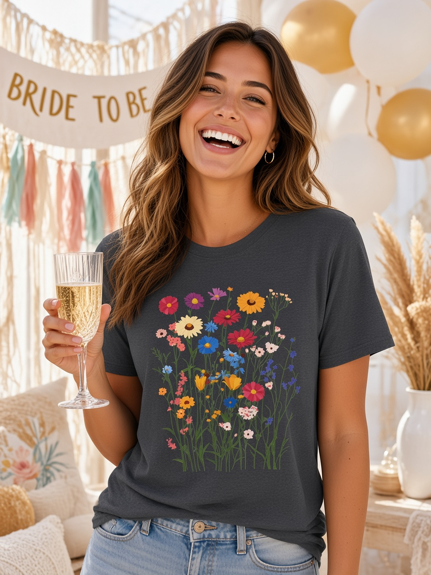 Model wearing the Wildflowers tee by Me&Z for a bachelorette / hens party or bridal shower