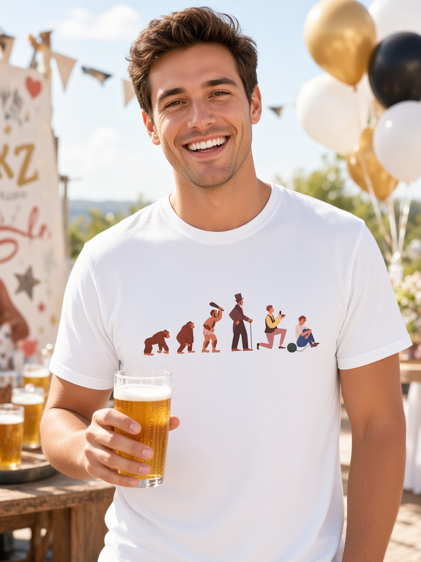 Man wearing the Evolution of a Groom colour art tee by Me&Z at a bachelor / bucks party